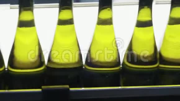 关闭酒精瓶沿自动传送带移动香槟工厂的质量控制视频的预览图