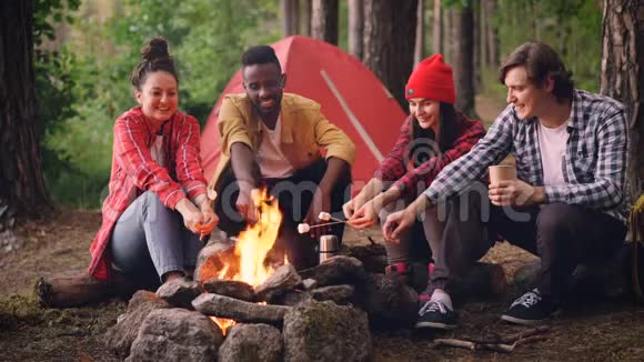一群多种族的游客在森林里的明火上烤着棉花糖视频的预览图