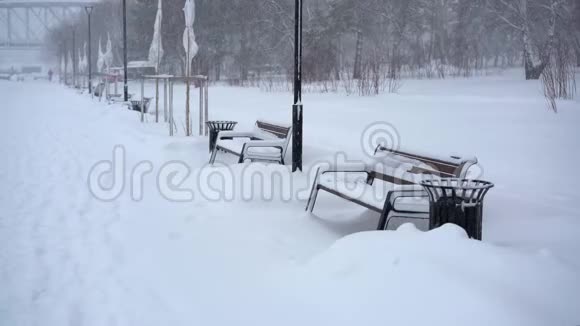 雪下的长凳和路灯视频的预览图