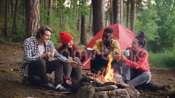 一群多种族的朋友高加索人和非裔美国人正坐在木头上围着火堆视频的预览图