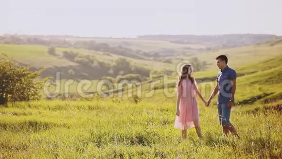 日落时分浪漫的情侣在公园里牵手快乐的一对情侣视频的预览图