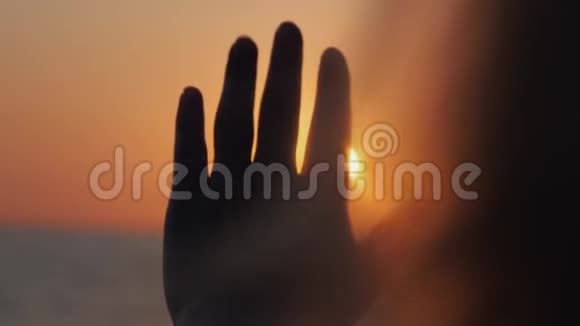 一位年轻女子在海上日落的背景下触摸阳光的手夕阳的金色太阳视频的预览图
