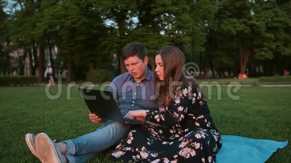 一对年轻夫妇正在公园里上网视频的预览图