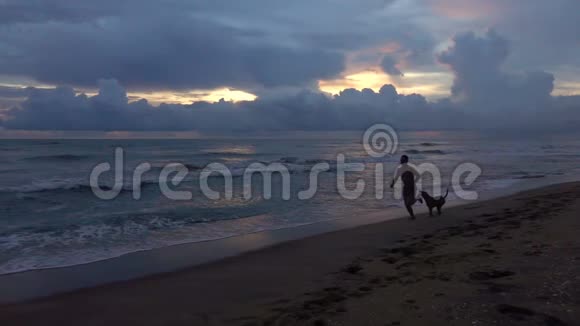 日落时一个带着狗的年轻人沿着热带海洋的海滩奔跑的剪影视频的预览图