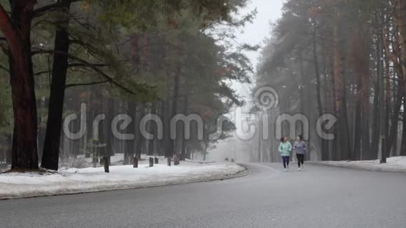 快乐的年长和年轻的高加索女人在冬天的雪地公园里奔跑交谈和微笑正面静态拍摄视频的预览图