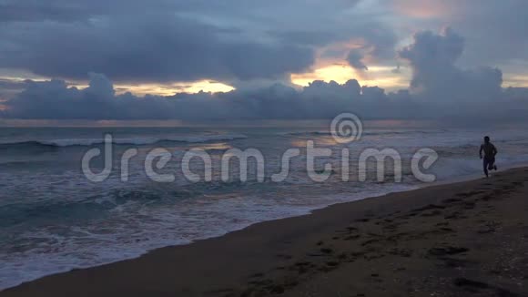 日落时一个带着狗的年轻人沿着热带海洋的海滩奔跑的剪影视频的预览图