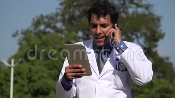 快乐西班牙裔医生用药片诊断视频的预览图