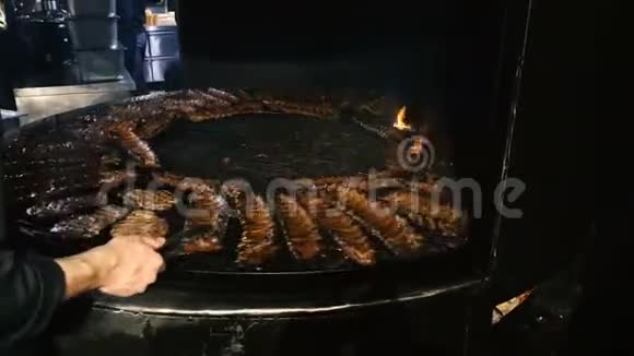 烧烤烤宝宝背猪肉排骨热火烧烤架特写视频的预览图