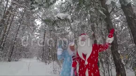 圣诞老人和孙女在白雪皑皑的松林中挥手致意视频的预览图