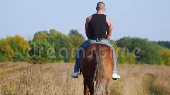 一个强壮的男人穿着一件黑色T恤和牛仔裤强壮的身体骑着一匹远离相机的马视频的预览图
