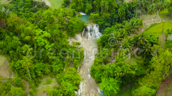菲律宾宿务热带丛林中的一个山峡中的坎巴斯瀑布鸟瞰瀑布中的瀑布视频的预览图