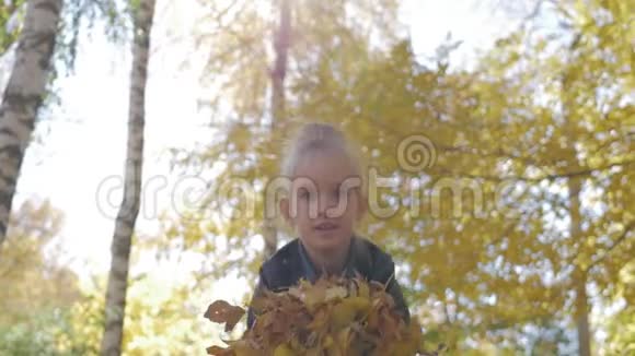 美丽的年轻女孩在公园里扔树叶享受着幸福自由休闲理念秋季儿童放松视频的预览图
