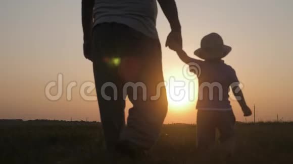 两代人的剪影一个成熟的祖父和小孙子在日落时玩耍视频的预览图