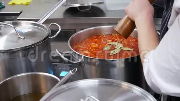 餐馆里的厨师在大锅里给罗宋汤增添了香料视频的预览图