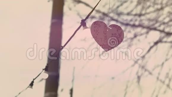 红心装饰挂在有灯的绳子上户外情人节概念庆祝爱情视频的预览图