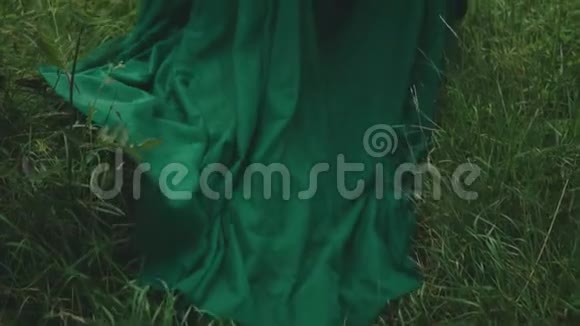 一个红发女孩穿着一件镶着闪亮珠子的豪华绿色连衣裙公主穿过林间空地一列长长的火车视频的预览图