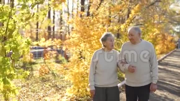 一对老夫妇走在人行道上在一个美丽的秋天环境中在公园里互相微笑视频的预览图