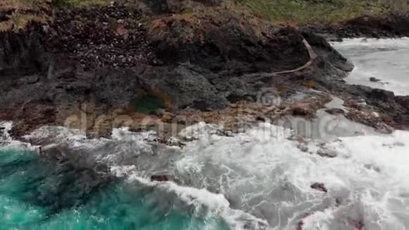 全景垂直陡峭的火山海岸暴风雨的海洋白色泡沫从海浪冲击海岸线在里面视频的预览图