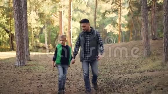 关爱的父亲在阳光明媚的秋日和他的孩子在森林里徒步旅行男人和男孩牵着手走路和说话视频的预览图
