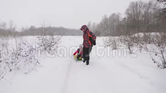 快乐的爸爸在雪地的路上载着一个孩子圣诞节假期父亲和女儿在冬天的公园里玩这就是视频的预览图