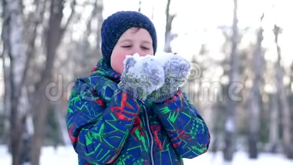 少年男孩从他的手里吹雪视频的预览图