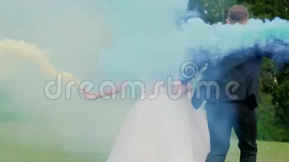 慢动作婚礼夫妇在公园里开彩烟从后面拍摄视频的预览图