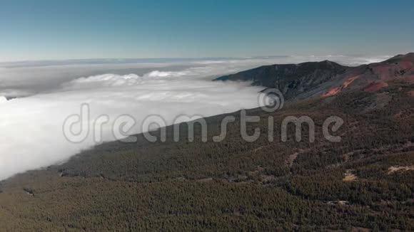 空中射击全景高山森林在云的水平在加那利火山群岛上地面是红色的视频的预览图