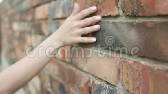 女孩牵着她的手沿着一堵红砖墙一个年轻的女人走在街上一种浪漫的心情触觉的石头质感视频的预览图