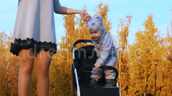 小宝宝站在婴儿车上牵着妈妈的手视频的预览图