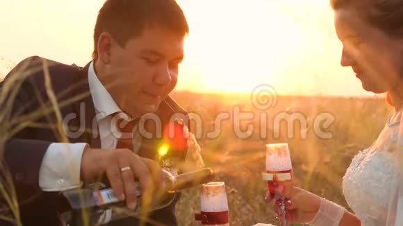 新郎在明亮的阳光下为新娘在田野里斟上美味的葡萄酒特写镜头新婚快乐视频的预览图