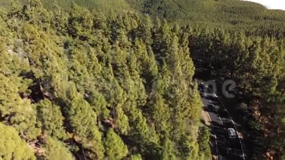 空中射击蜿蜒的山路蜿蜒曲折的簪子上面是白色的未被识别的机器周围是森林视频的预览图
