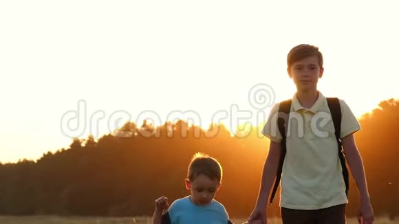 游客的两个兄弟背着背包散步快乐的孩子们在夕阳的映衬下走在大自然中视频的预览图