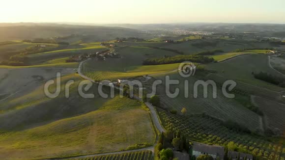 托斯卡纳乡村空中景观日落时有田地葡萄园和道路视频的预览图