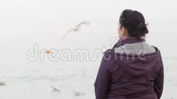 4K女人站在海边望着大海和飞翔的海鸥视频的预览图