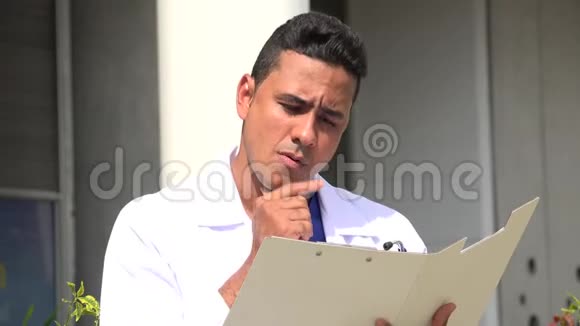 西班牙裔男性医生思考阅读视频的预览图