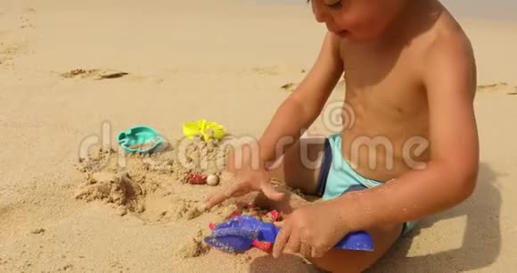 在海滩上玩沙子的庄稼汉视频的预览图