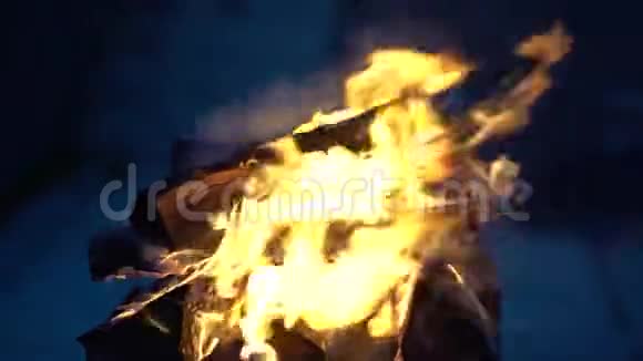明亮的火和蓝色的烟雾笼罩着烤架里滚烫的干柴视频的预览图