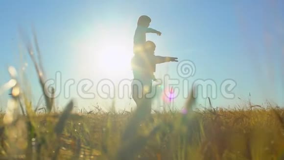 父子玩耍的剪影日落时分在麦田里的飞机臂一起举起幸福的一家人散步视频的预览图