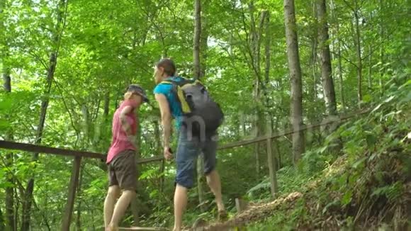 两位年轻漂亮的女士背着双肩包在丛林野生自然公园的山上爬楼梯旅游业视频的预览图