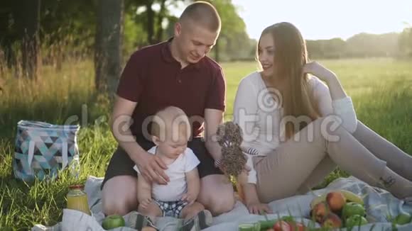 年轻的父母和第一个孩子在露天野餐时玩得很开心视频的预览图
