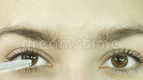 一个女孩的眼睛特写在睫毛上涂上透明的医用睫毛膏美容院视频的预览图
