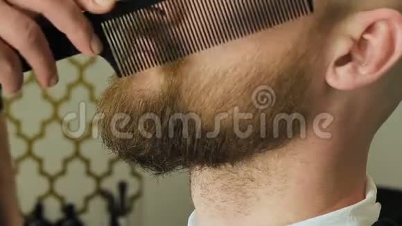 理发店老板用一个大的扁平俄罗斯梳子梳胡子准备修剪胡须给男人开美容院视频的预览图