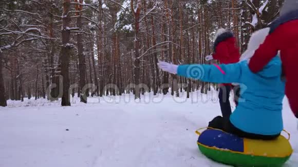 孩子们在松树公园雪地过冬的路上玩雪碟游戏在针叶林玩雪橇的孩子视频的预览图