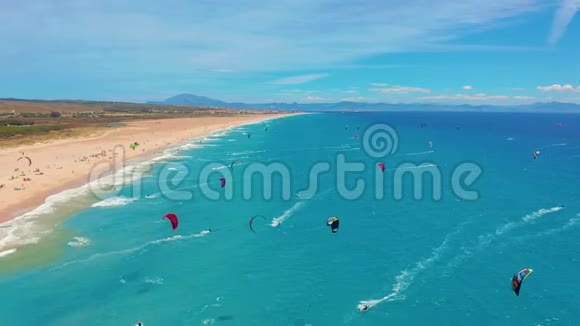 鸟瞰图西班牙塔里法的一个大海滩到处都是风筝冲浪者视频的预览图