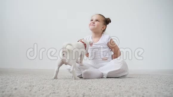 宠物概念可爱的女孩在家里玩狗在白色的内部视频的预览图
