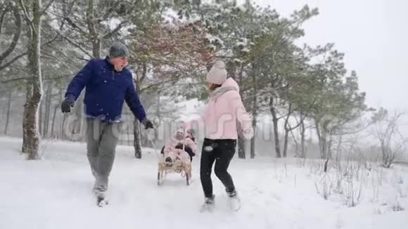 幸福的家庭在下雪的冬天滑雪父亲和母亲在下雪时带着儿子和女儿拉雪橇男孩和女孩视频的预览图