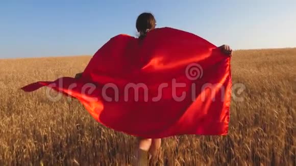 女孩穿着红色雨衣扮演超级英雄在蓝色的天空中沿着黄色的田野奔跑视频的预览图