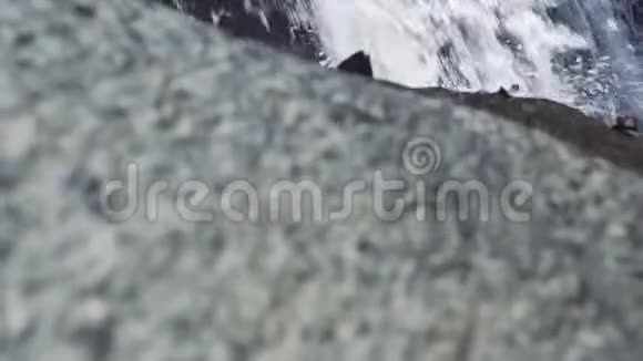 从山上的瀑布流下的河水中男人踩在石头上男足穿鞋在落基山漫步视频的预览图