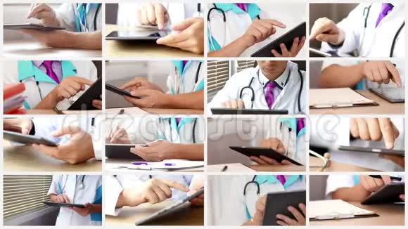 医生在他的柜子里的医院里使用数字触摸屏平板电脑视频的预览图