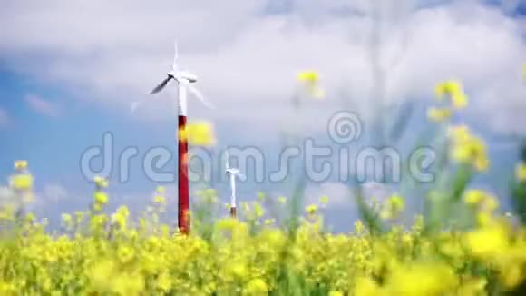 黄菜田里的风力涡轮机对抗蓝天视频的预览图